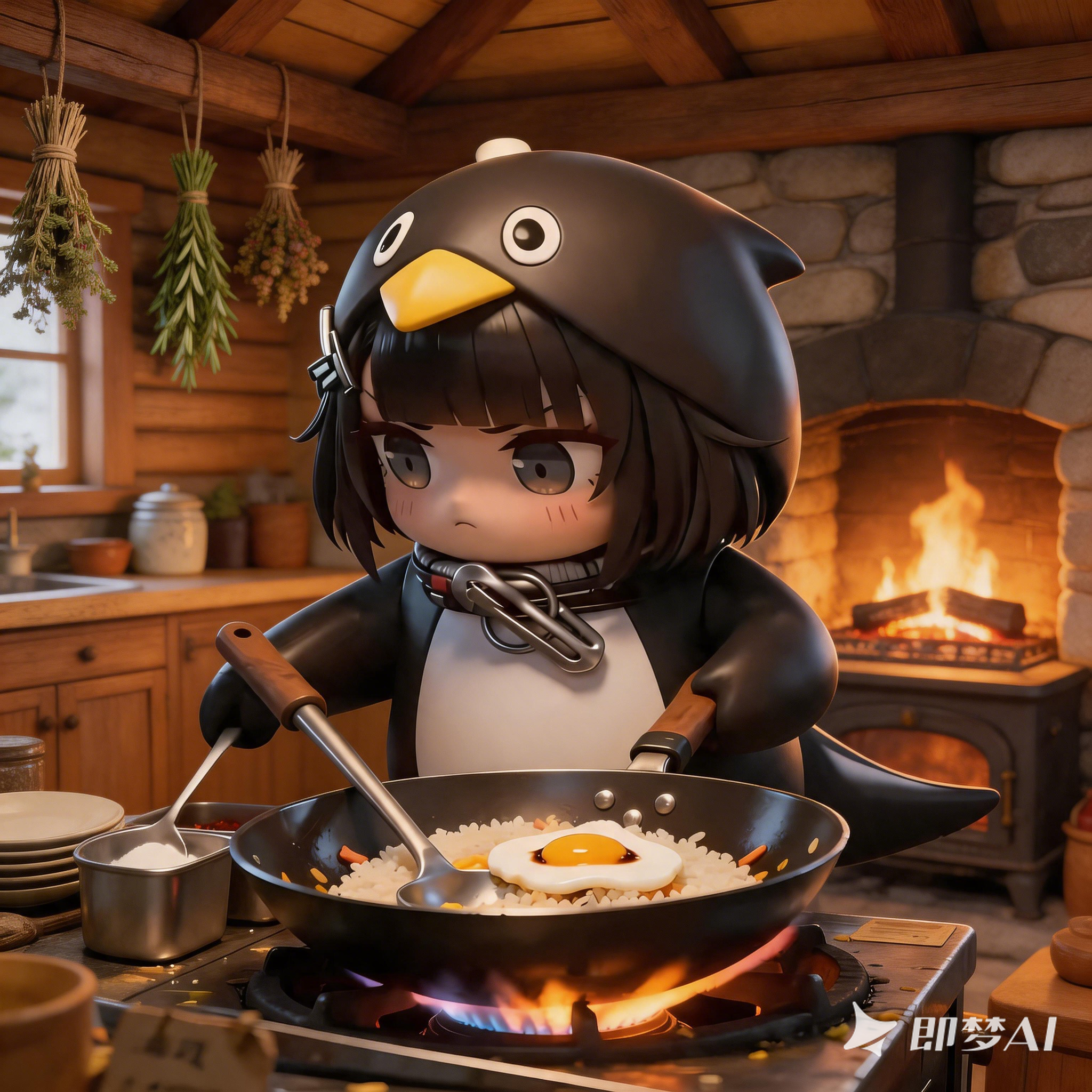 AI-generated chibi gugugaga penguin caught eating cake inside refrigerator