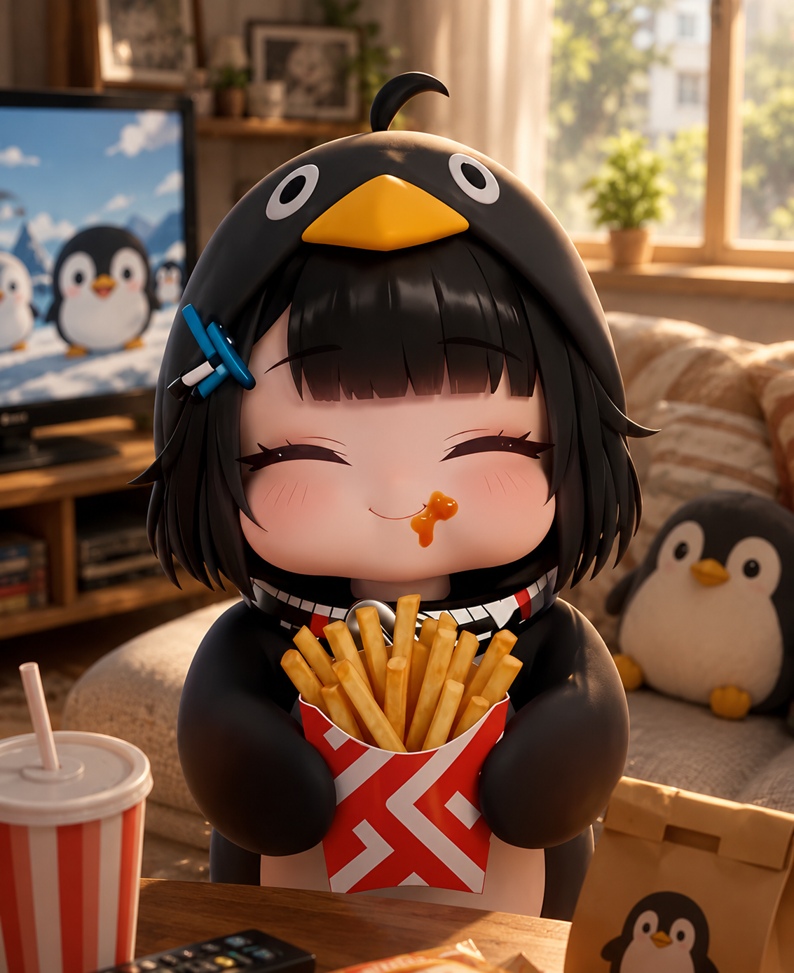 AI-generated chibi gugugaga penguin eating french fries on sunny beach